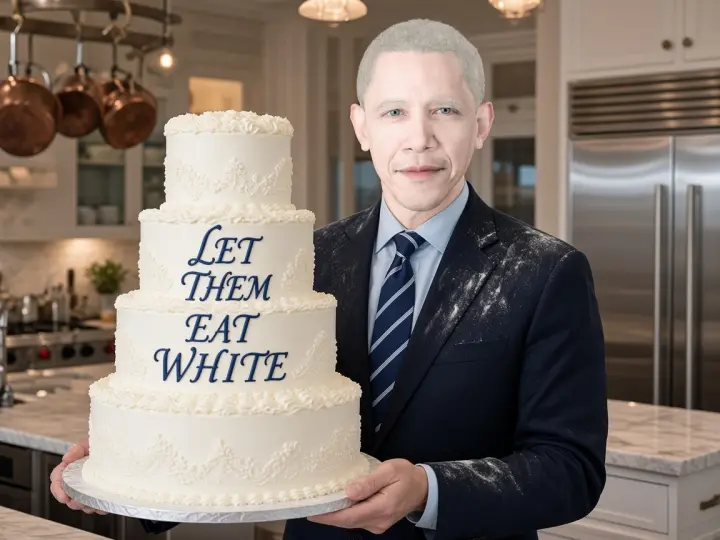 The portrait standing next to a ceremonial cake.