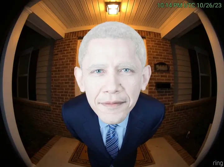 A fisheye doorbell view of the portrait holding a bleach jug.